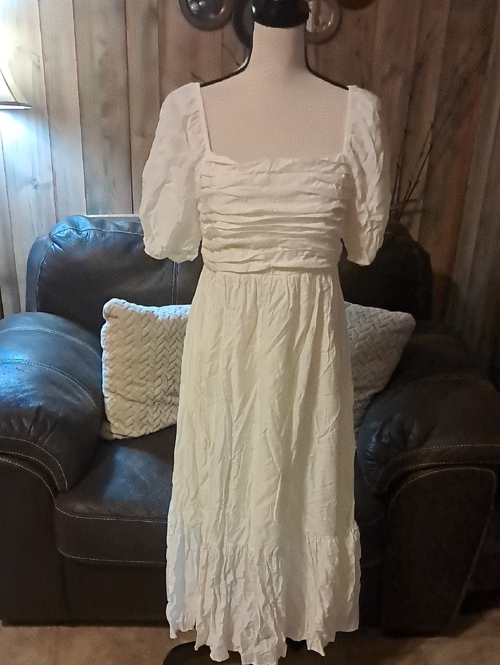 By The River White Puff Sleeve Ruched Tierd  Midi Dress Milk Maid Cottagecore